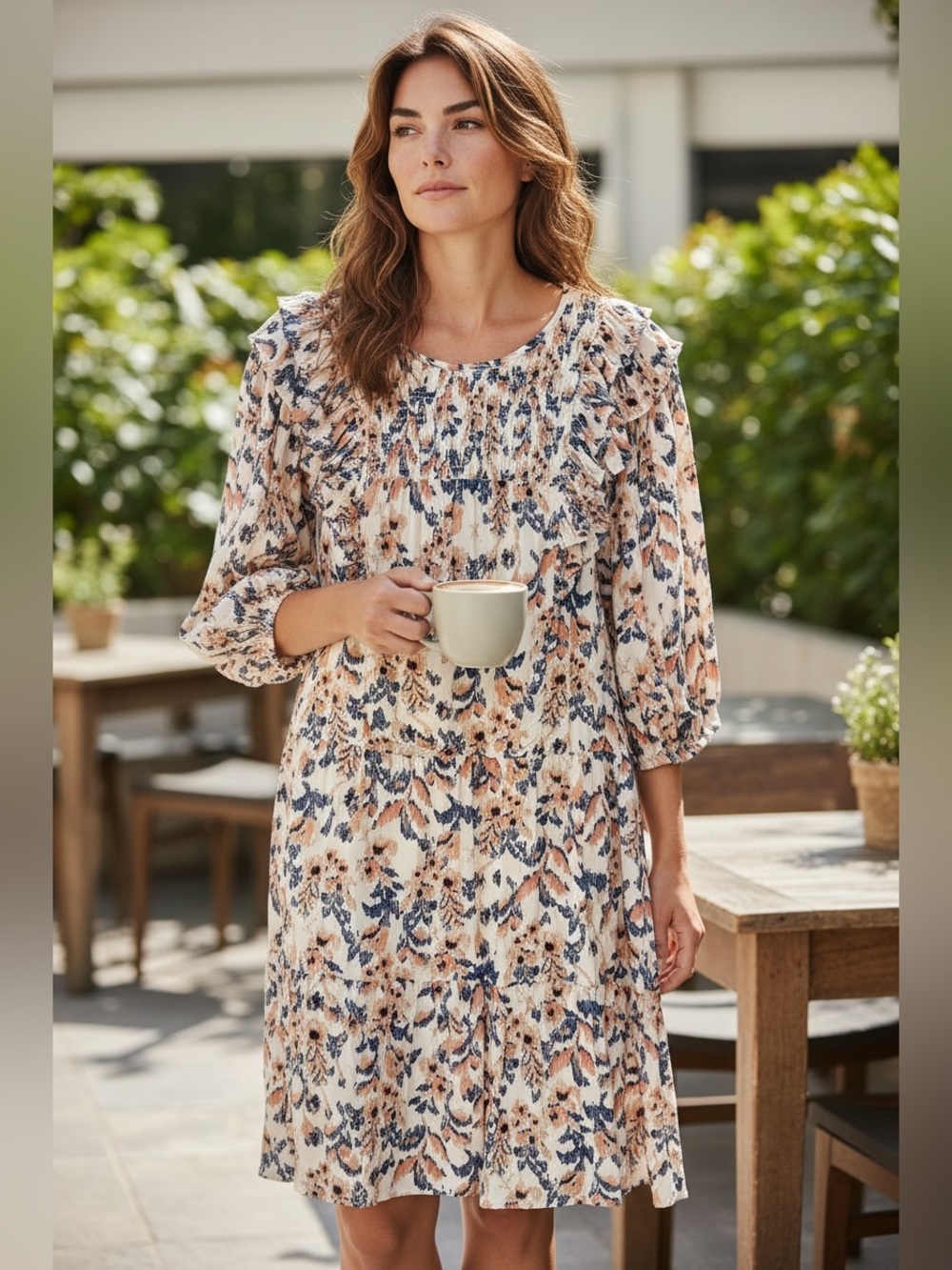 Smocked Floral Midi Dress in Cream and Navy